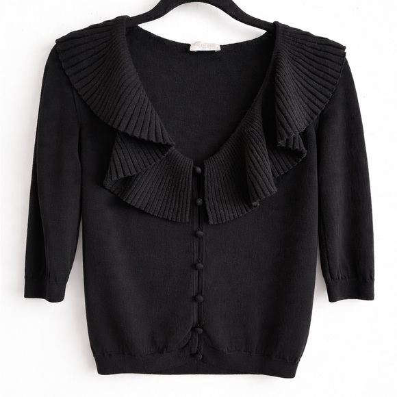 Valentino Roma Black Ribbed Ruffle Collar Cardigan Sweater - Picture 1 of 4